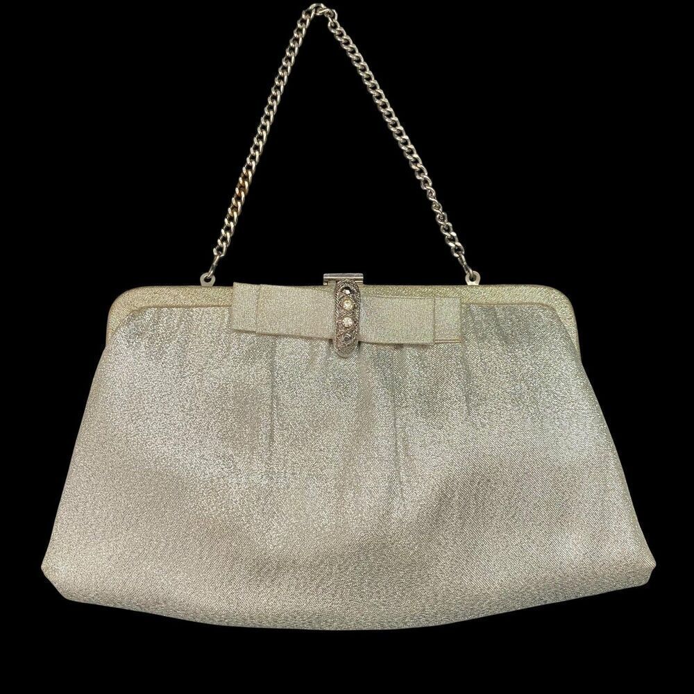 Vintage Evening Clutch Purse Womens Metallic Chain Strap Bow Rhinestone 90s